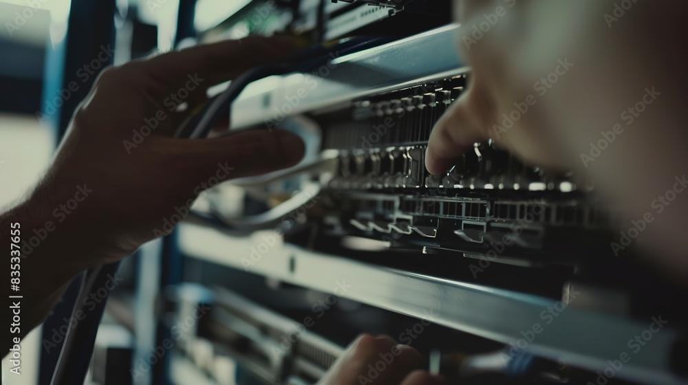 Poster close-up of a technician's hands installing a server in a rack, precise alignment, focus on hardware