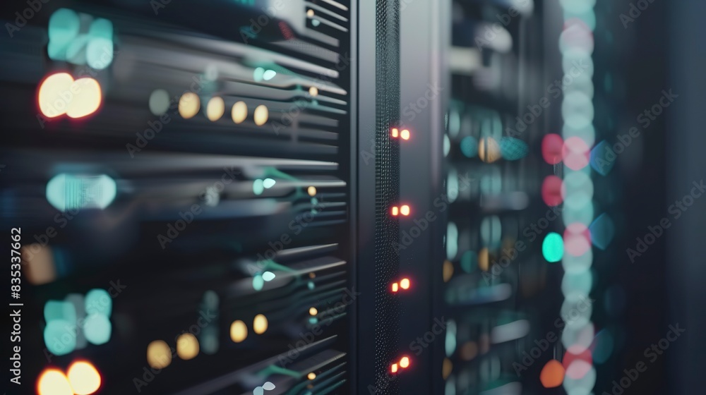 Poster detailed view of server status lights blinking in a data center, close-up, active network communicat