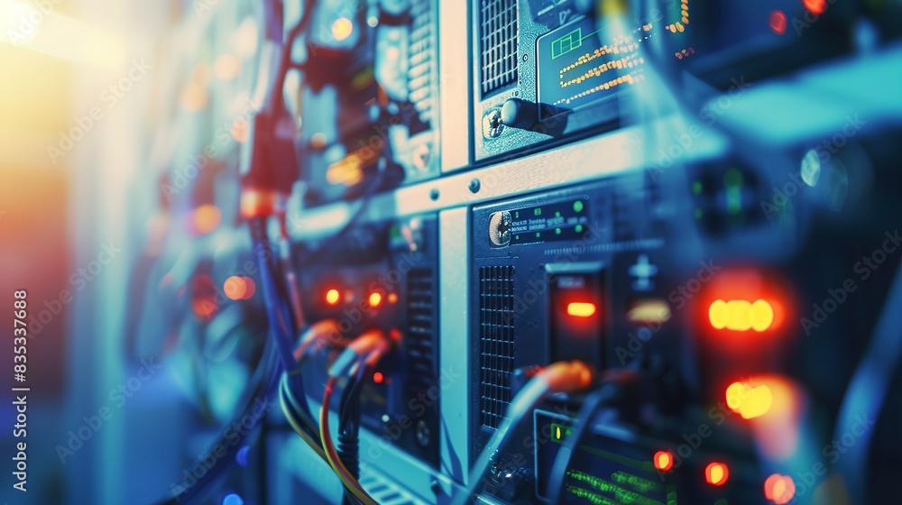 Poster server technician monitoring thermal readings on a digital display, close-up, managing heat in a dat