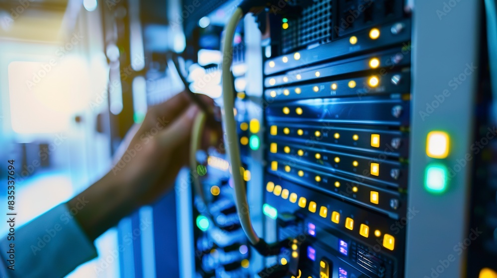 Poster server technician monitoring thermal readings on a digital display, close-up, managing heat in a dat