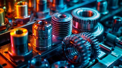 Close-up of metal gears and parts in vibrant industrial lighting