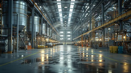 Naklejka premium Spacious modern factory interior with high ceilings and equipment