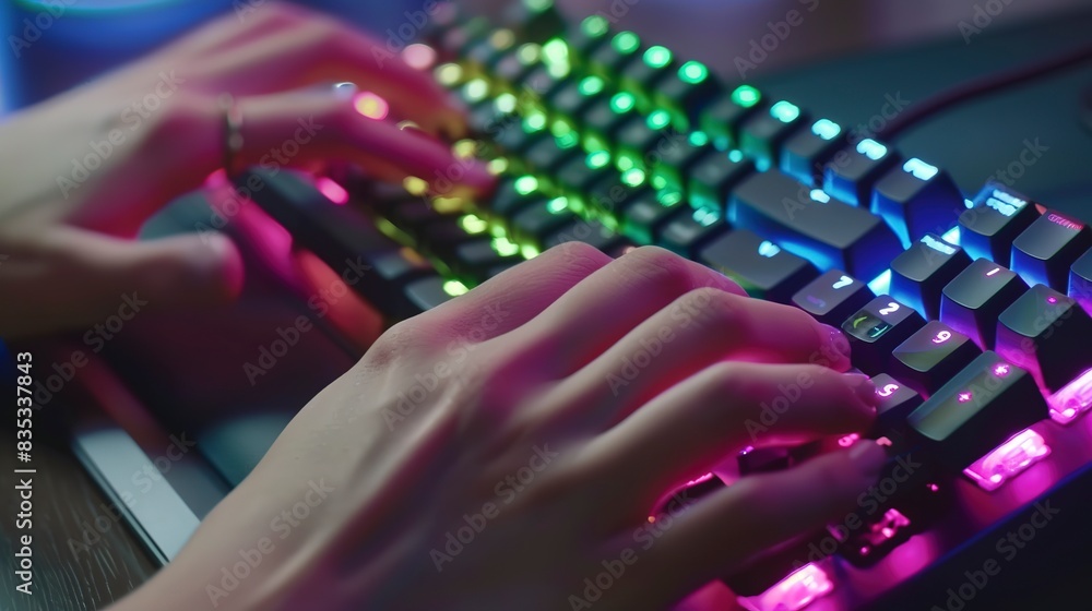 Poster close-up of hands typing rapidly on a backlit mechanical keyboard, vibrant key colors, coding sessio