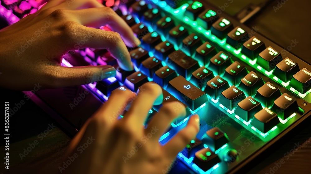 Poster close-up of hands typing rapidly on a backlit mechanical keyboard, vibrant key colors, coding sessio