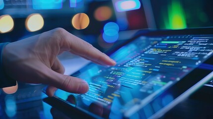 Software engineer reviewing API documentation on a tablet, close-up, focused research for better integration.