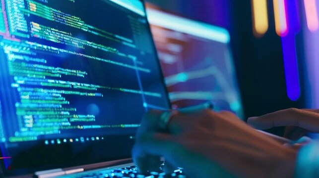 Developer debugging software on a laptop, close-up on the screen with code editor and error logs visible. 