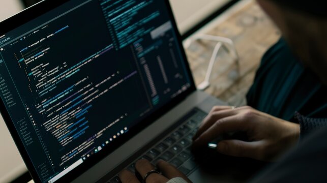 Developer debugging software on a laptop, close-up on the screen with code editor and error logs visible. 