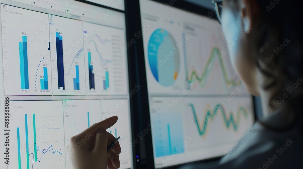 Poster health data analyst reviewing statistical analysis of a population health study, close-up, graphs an