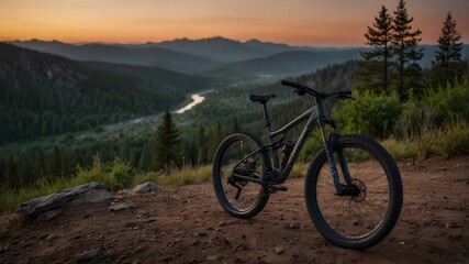 Fototapeta premium As dawn breaks, a mountain bike waits eagerly at the trailhead, ready to conquer the rugged terrain and embrace the thrill of the unknown ai_generated