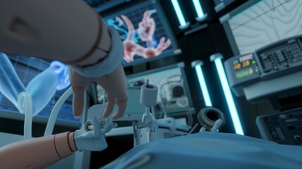 Fototapeta premium Close-up of a robotic surgery simulation in progress, detailed controls and virtual patient anatomy visible. 