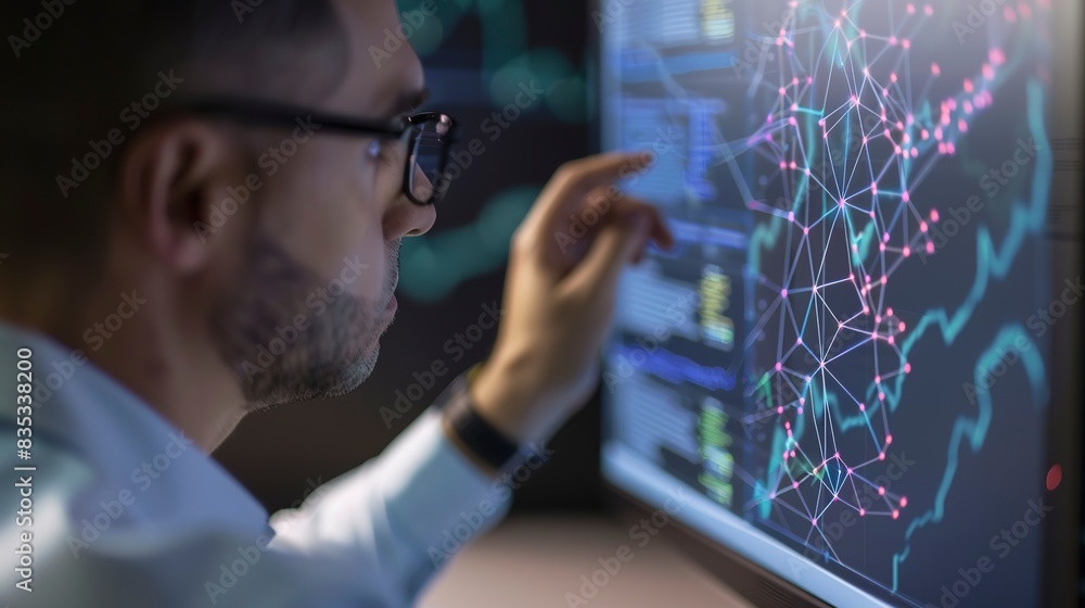 Poster Financial analyst reviewing blockchain data on a monitor, close-up, complex algorithms for secure transactions. 