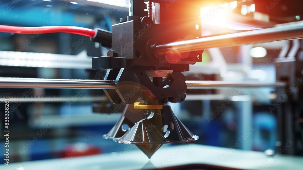 Aufkleber detailed view of a 3d printer in operation during a product demo, close-up on the emerging model, te