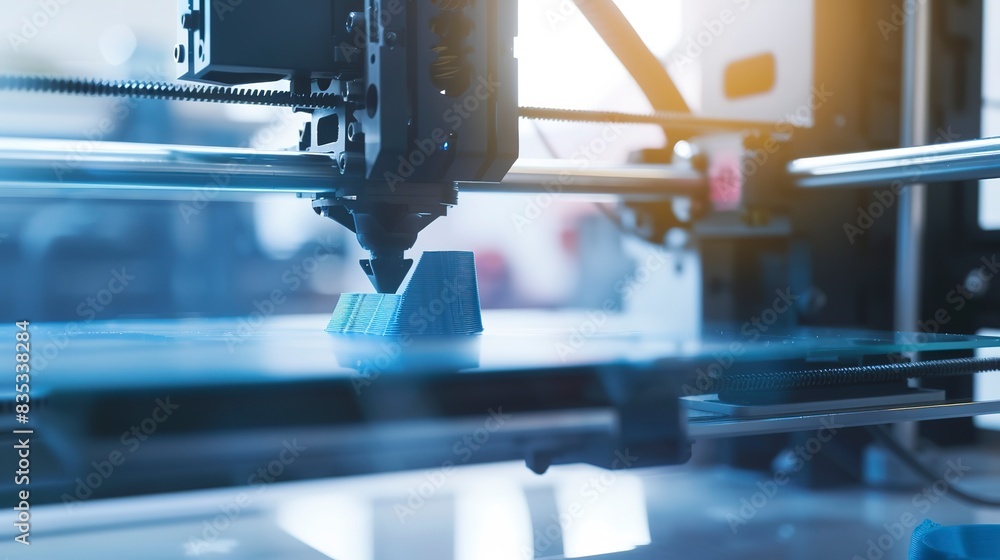 Poster detailed view of a 3d printer in operation during a product demo, close-up on the emerging model, te