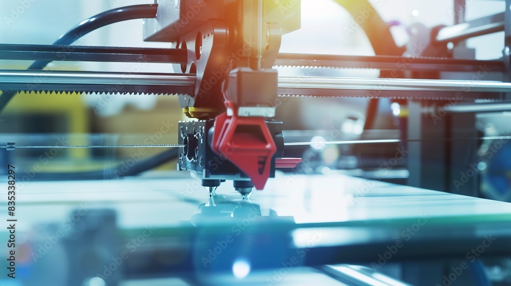Aufkleber detailed view of a 3d printer in operation during a product demo, close-up on the emerging model, te