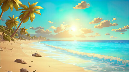 Fototapeta na wymiar Stunning beach with crystal clear turquoise water, soft golden sand and gentle waves, tropical island vacation and vacation concept,