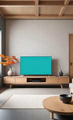 living room in a modern minimalist style with a sofa, and a TV wall made of oak and Japanese style,