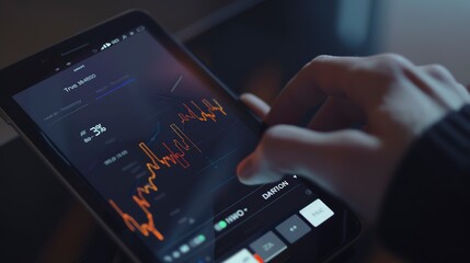 Close-up of an investment app displaying stock market trends, user scrolling through growth charts. 