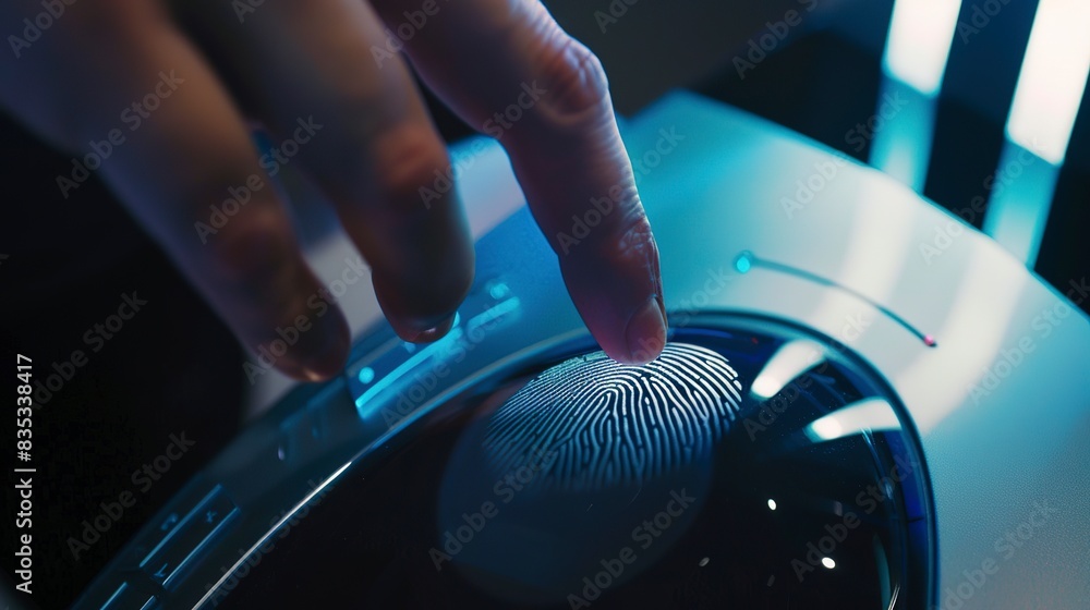 Poster close-up of a biometric security device being tested in a demo, fingerprint scanning, advanced safet