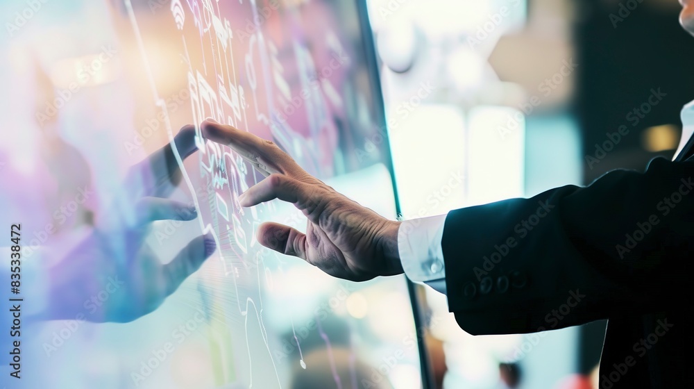 Poster detailed view of a presenter using a touchscreen to illustrate tech advancements during an expo semi