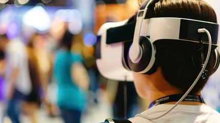 Close-up on a VR demonstration at a tech event, attendee experiencing virtual reality, focused immersion.