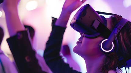 Close-up on a VR demonstration at a tech event, attendee experiencing virtual reality, focused immersion. 