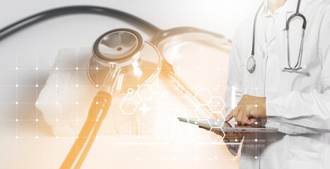 Background image of sugar cubes and medical stethoscope Using medicine to treat disease