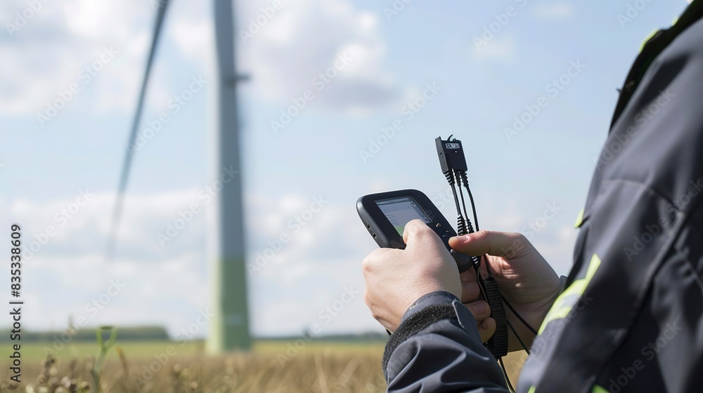 Poster engineer inspecting wind turbine controls in a field, close-up on the handheld device showing real-t