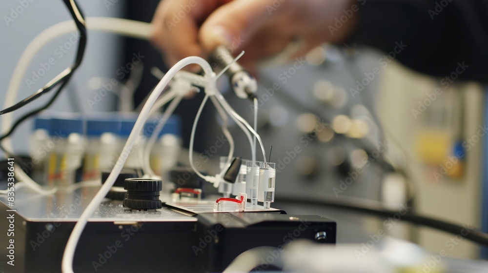 Poster researcher testing a new battery technology in a lab, close-up on the prototype and measurement inst