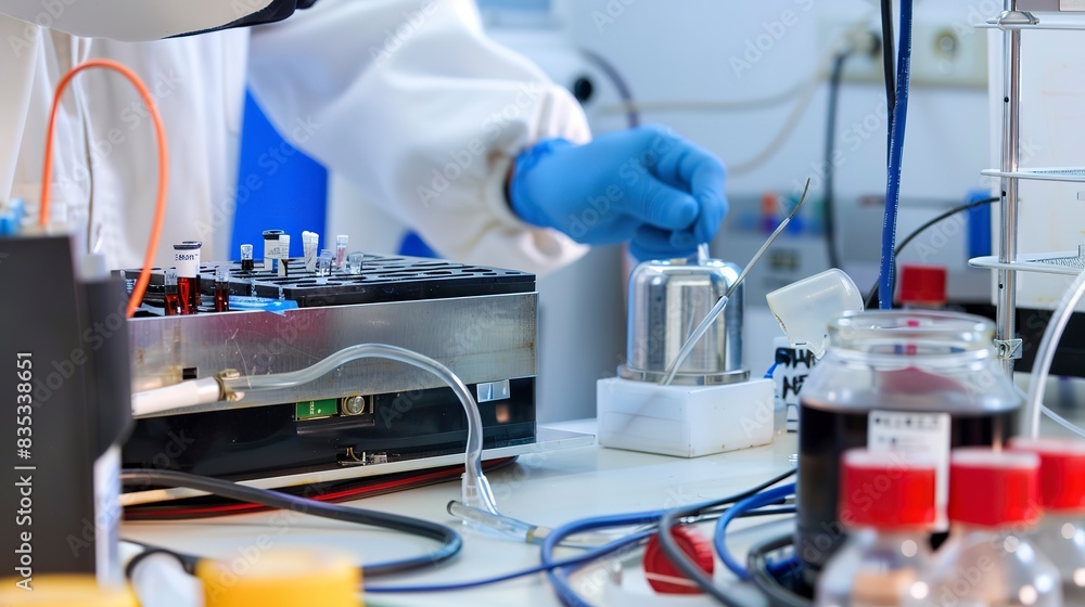 Poster researcher testing a new battery technology in a lab, close-up on the prototype and measurement inst