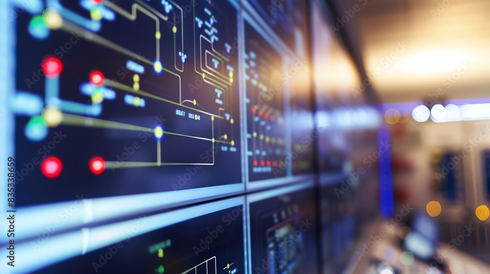 Poster detailed view of a smart grid control room monitor, close-up, energy flow and consumption patterns d