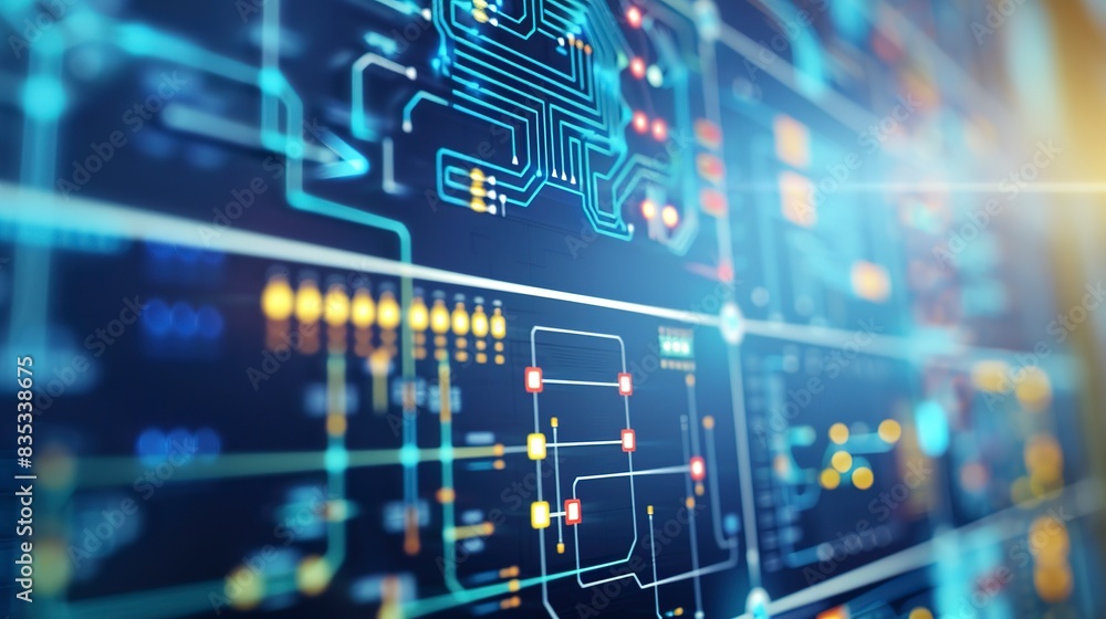 Poster detailed view of a smart grid control room monitor, close-up, energy flow and consumption patterns d