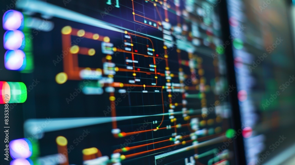 Poster detailed view of a smart grid control room monitor, close-up, energy flow and consumption patterns d