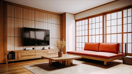 living room in a modern minimalist style with a sofa, and a TV wall made of oak and Japanese style,