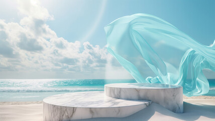 Marble presentation podium and blue fabric on the sand on the beach. Summer concept presentation podium.
