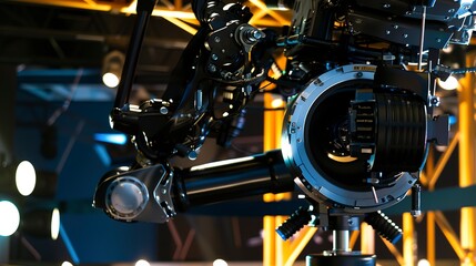 Fototapeta premium High-speed camera capturing robotic movements, tight focus on lens and robot, controlled lighting 