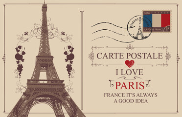 Retro postcard with Eiffel tower in Paris, France. Romantic vector postcard in vintage style with rubber stamp, postal stamps and words I love Paris on background of old paper