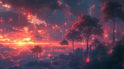 A digital illustration of Synthetic Dreams, depicting a surreal landscape where digital trees and clouds morph into binary codes and pixels, set against a twilight sky.