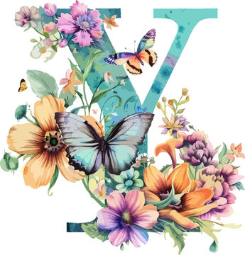 recommend clip art: Watercolor floral alphabet letter Y with tropical flowers and butterfly