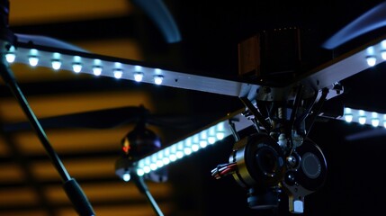 Fototapeta premium Drone rotor with LED lights, close-up at night, lights glowing brightly 