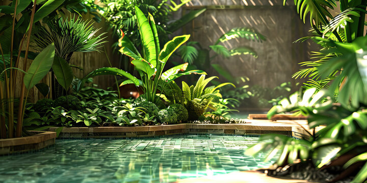 Urban Garden Oasis: A hidden garden oasis in the midst of the city, with lush greenery, exotic plants, and a tranquil atmosphere, offering a peaceful escape from the urban hustle and bustle