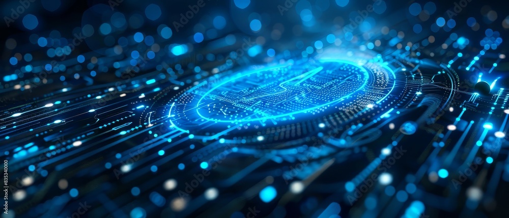 Poster modern technology concepts: cybersecurity, blue and circle of technology with biometrics to scan for