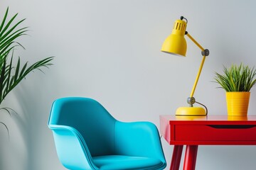 Contemporary styled home office space featuring a vibrant blue chair, red desk, yellow table lamp, and a green plant in a yellow pot against a neutral grey background