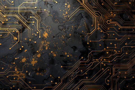 A sci-fi inspired black circuit board wallpaper adorned with gold stars, evoking a sense of cosmic technology and futuristic elegance.
