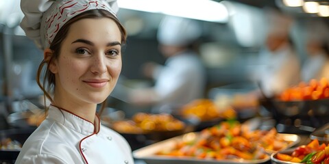 Female chef manages kitchen team creates menu to please restaurant customers. Concept Restaurant Management, Culinary Skills, Customer Satisfaction, Team Leadership, Menu Development