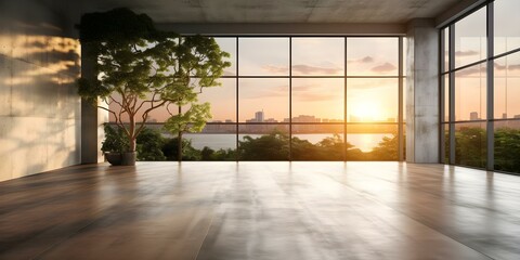 Fototapeta premium Modern Hall with Nature View and Concrete Floors Overlooking Living Room. Concept Interior Design, Nature-inspired Decor, Open Concept Space, Modern Aesthetics, Concrete Flooring