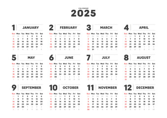 2025年のシンプルなデザインの年間カレンダー - 日曜始まり･12ヶ月･1年分の暦 - A判比率
