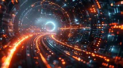 Fototapeta premium A futuristic visualization of Network Nexus, depicting a large, circular data hub in the center of a smart city, with data flowing seamlessly between the hub and the city’s infrastructure.