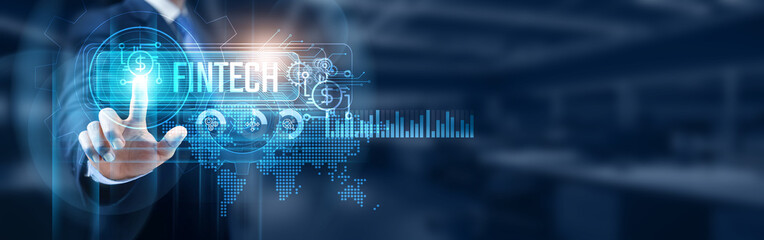 Businessman touching fintech icons, connecting network connection, data analysis and financial technology solutions and innovation concepts. Modern financial technology.