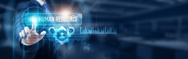 Businessman touching HR - human resource network connection, and employee engagement concept. This...