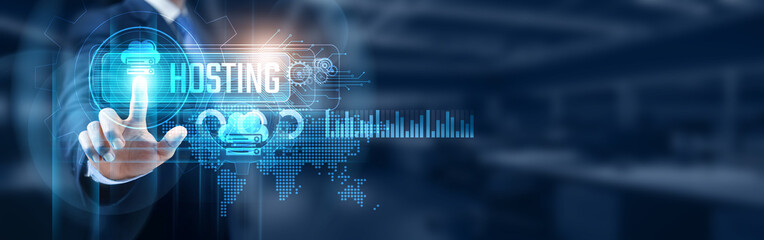 Businessman touching hosting network connection, data security, and cloud computing concept. Hosting services and infrastructure play a crucial role in maintaining a reliable online presence.